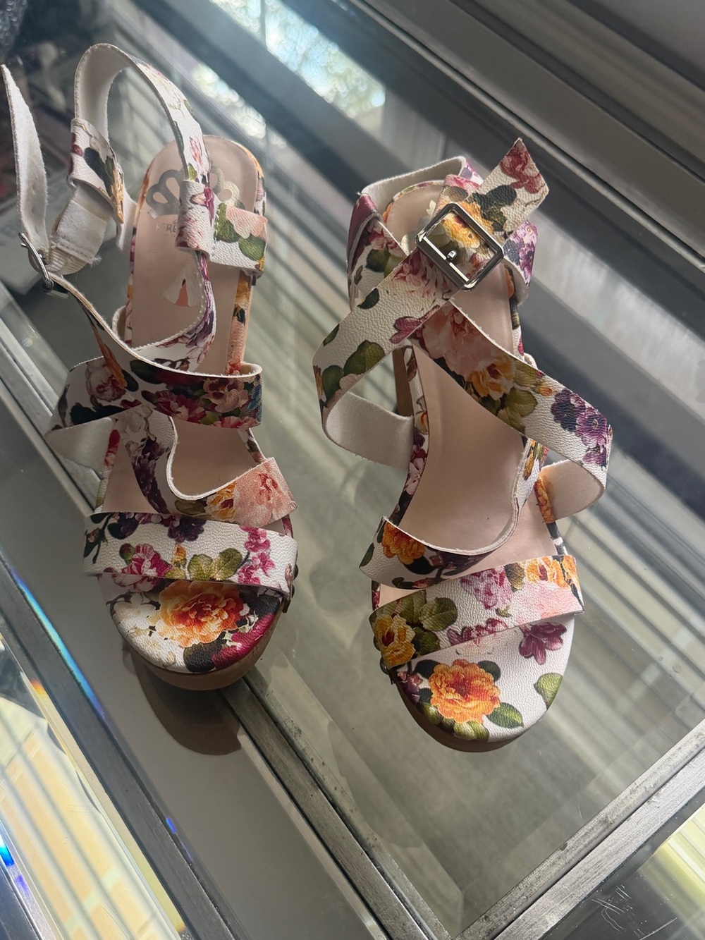 Fergalicious Floral Strappy Platform Wedges - White Multi